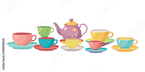 ea party vector icon set. Colorful teacups teapots saucers pitchers. Flat design kitchen crockery tableware. Afternoon tea ceremony collection illustration. vector icon