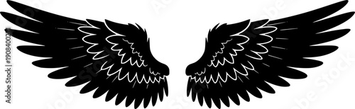 Stylized single bird wing graphic with detailed feathers rendered in black and white perfect for various creative projects and apparel printing