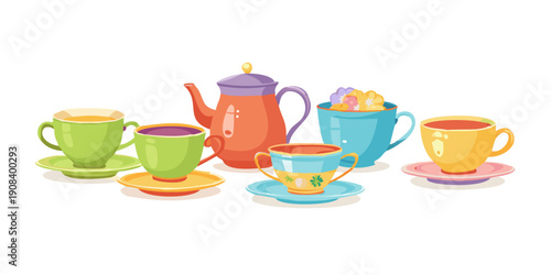 ea party vector icon set. Colorful teacups teapots saucers pitchers. Flat design kitchen crockery tableware. Afternoon tea ceremony collection illustration. vector icon