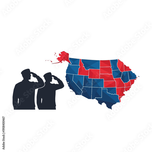 Veterans Salute US Map Red Blue States Election Vote Politics Democracy Concept