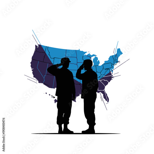 Two soldiers saluting in front of a stylized USA map