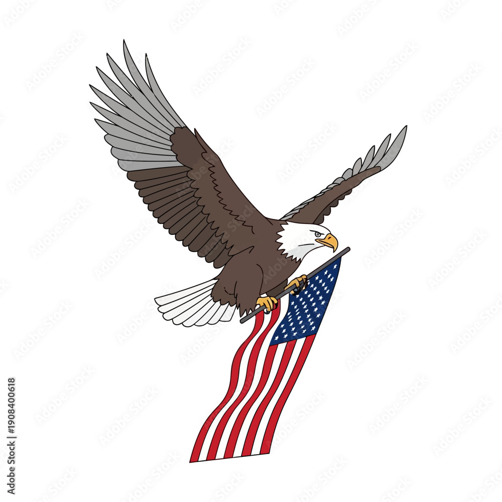 Fototapeta premium Majestic Bald Eagle Soaring with American Flag, Symbol of Freedom and Patriotism