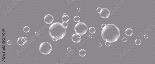 Vector realistic soap bubbles with reflection isolated on transparent background. 