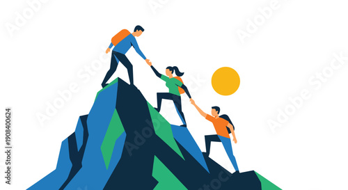 Flat vector illustration of diverse team helping each other climb mountain, symbolizing leadership, support, trust, and achievement through teamwork