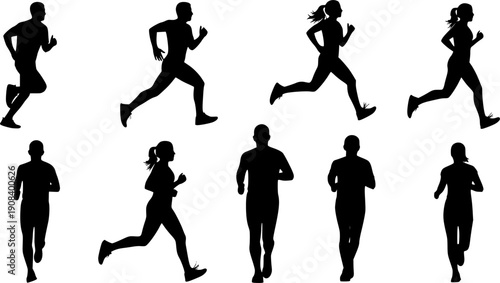 Group of male and female running silhouette vectors.