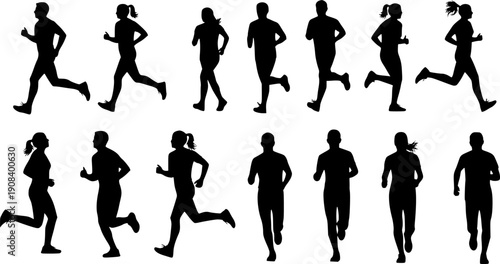 Group of male and female running silhouette vectors.