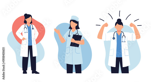 Professional female doctors in white coats and scrubs showing confidence strength and helpfulness in medical field.