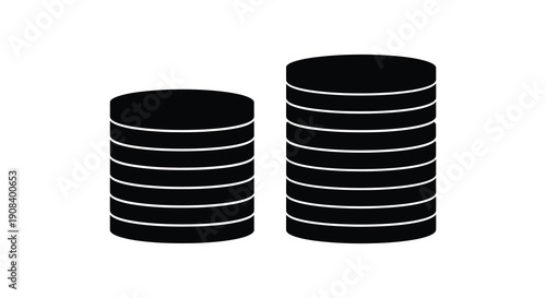 A minimalist graphic depicts two black cylindrical stacks resembling data storage or coin piles high quality professional detailed