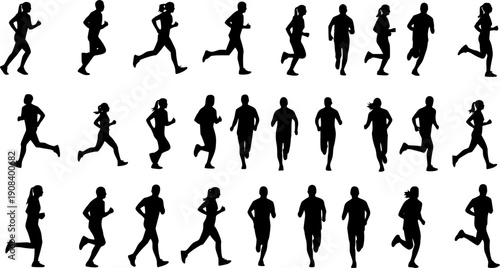 Group of male and female running silhouette vectors.