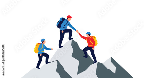 Flat vector illustration of diverse team helping each other climb mountain, symbolizing leadership, support, trust, and achievement through teamwork