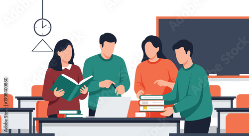 Flat vector illustration of students collaborating on school project with books and laptop, showing learning teamwork, communication, and academic success