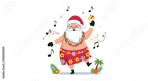 Tropical summer santa claus character dancing in floral hula skirt with flower lei and music notes for island christmas theme.