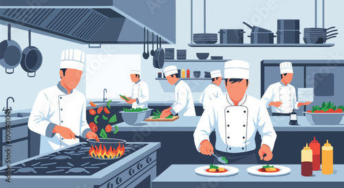 Flat vector illustration of chefs working together in restaurant kitchen, showing coordination, speed, and teamwork under pressure