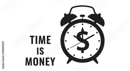 A black silhouette of an alarm clock displaying a dollar sign instead of numbers with text high quality