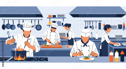 Flat vector illustration of chefs working together in restaurant kitchen, showing coordination, speed, and teamwork under pressure