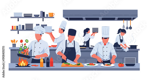 Flat vector illustration of chefs working together in restaurant kitchen, showing coordination, speed, and teamwork under pressure