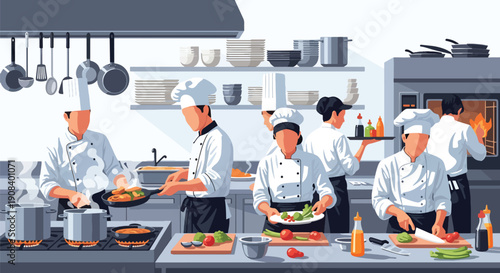 Flat vector illustration of chefs working together in restaurant kitchen, showing coordination, speed, and teamwork under pressure