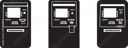 Black and white of three different atm machines automated teller machine bank machine cash machine
