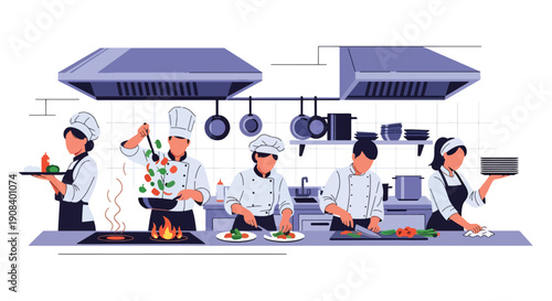 Flat vector illustration of chefs working together in restaurant kitchen, showing coordination, speed, and teamwork under pressure