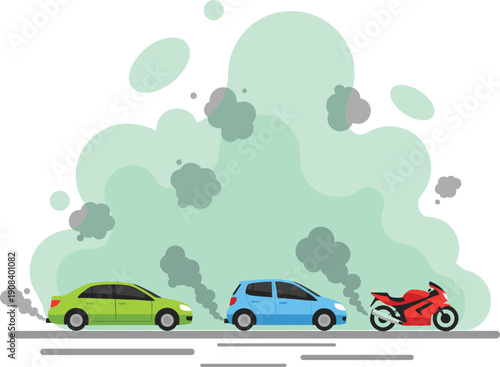 Air pollution vector illustration with cars and motorcycle emitting smoke and exhaust gas into the 