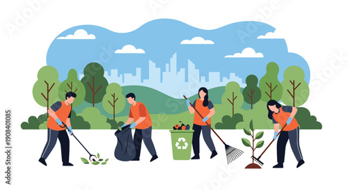 Modern flat vector illustration of community volunteers cleaning park together, showing cooperation, social responsibility, and teamwork spirit