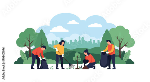 Modern flat vector illustration of community volunteers cleaning park together, showing cooperation, social responsibility, and teamwork spirit