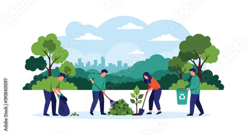 Modern flat vector illustration of community volunteers cleaning park together, showing cooperation, social responsibility, and teamwork spirit