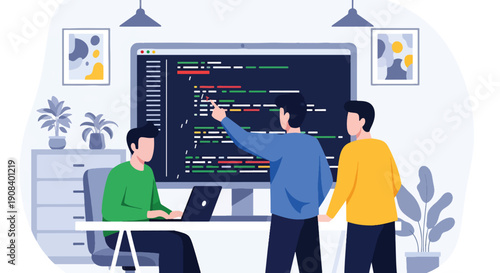 Flat vector illustration of IT specialists solving technical problems together, showing coding collaboration, debugging, and teamwork innovation