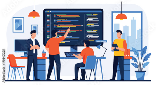 Flat vector illustration of IT specialists solving technical problems together, showing coding collaboration, debugging, and teamwork innovation