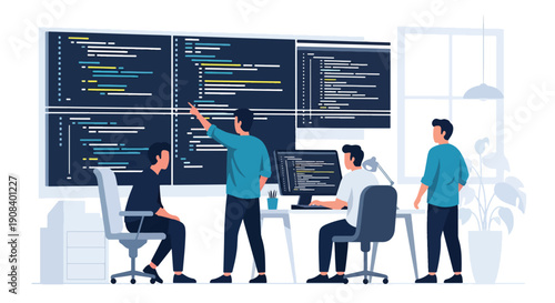 Flat vector illustration of IT specialists solving technical problems together, showing coding collaboration, debugging, and teamwork innovation
