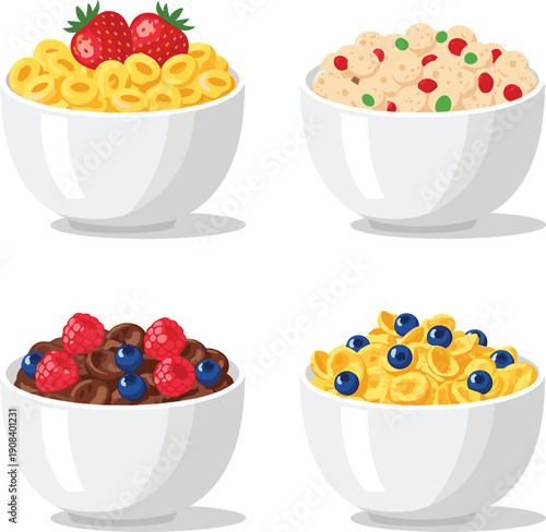 Healthy breakfast cereal bowls set with corn flakes chocolate loops and fruit muesli topped with fresh strawberries
