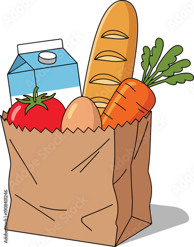 Vector Illustration of a Brown Paper Grocery Bag Filled with Healthy Food Items Including Bread Milk Tomato Carrot and Egg Isolated on White Background