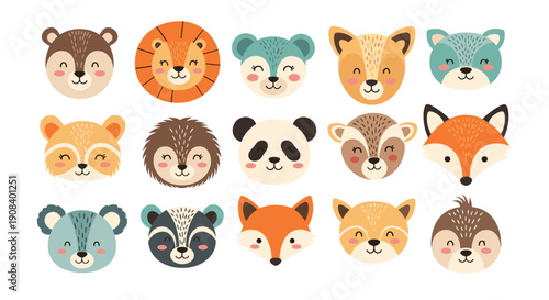 Collection of fifteen adorable cartoon animal faces including lion bear panda fox and deer for baby and kids design projects.