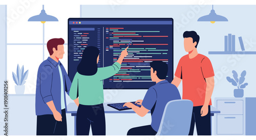 Flat vector illustration of IT specialists solving technical problems together, showing coding collaboration, debugging, and teamwork innovation