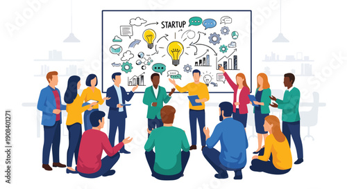 Modern flat vector illustration of entrepreneurs sharing ideas in circle, showing startup teamwork, networking, and creative collaboration