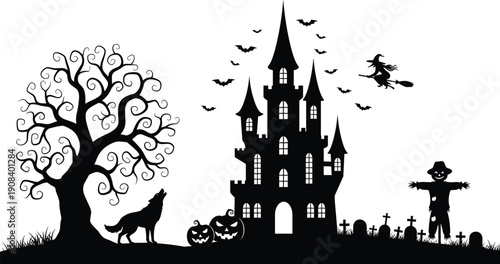 Halloween silhouette set with haunted castle spooky tree howling wolf bats flying witch on broomstick pumpkins scarecrow cemetery graveyard flat vector