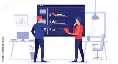 Flat vector illustration of IT specialists solving technical problems together, showing coding collaboration, debugging, and teamwork innovation