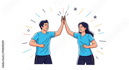 Energetic man and woman wearing blue t shirts giving a high five to celebrate success or teamwork in sports or business.