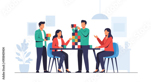 Flat vector illustration of coworkers stacking blocks together, symbolizing trust, cooperation, and teamwork stability