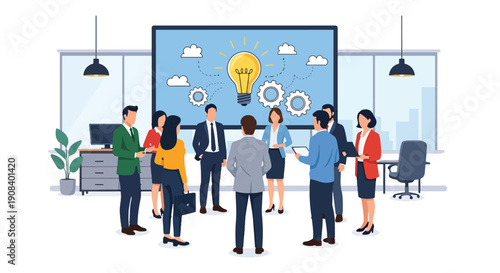 Modern flat vector illustration of entrepreneurs sharing ideas in circle, showing startup teamwork, networking, and creative collaboration