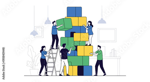 Flat vector illustration of coworkers stacking blocks together, symbolizing trust, cooperation, and teamwork stability