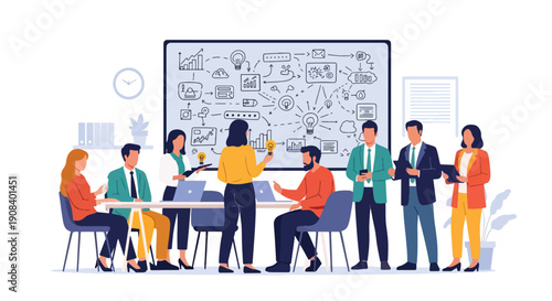 Modern flat vector illustration of entrepreneurs sharing ideas in circle, showing startup teamwork, networking, and creative collaboration