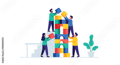Flat vector illustration of coworkers stacking blocks together, symbolizing trust, cooperation, and teamwork stability