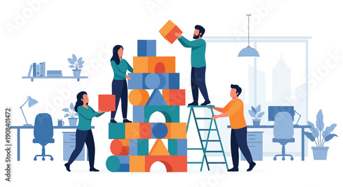 Flat vector illustration of coworkers stacking blocks together, symbolizing trust, cooperation, and teamwork stability