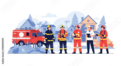 Flat vector illustration of firefighters and medics coordinating rescue operation, showing crisis teamwork and emergency management