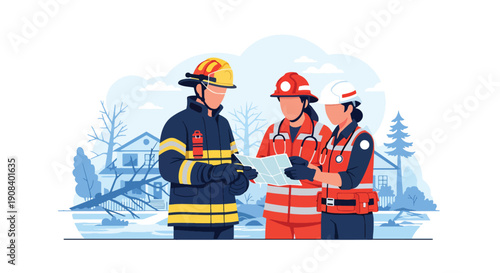 Flat vector illustration of firefighters and medics coordinating rescue operation, showing crisis teamwork and emergency management