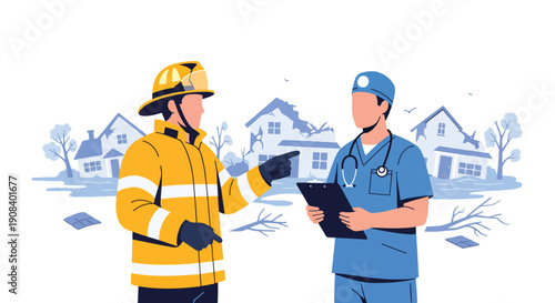 Flat vector illustration of firefighters and medics coordinating rescue operation, showing crisis teamwork and emergency management
