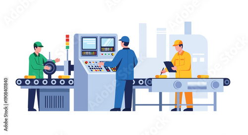 Modern flat vector illustration of factory workers managing production line together, showing manufacturing teamwork and quality control