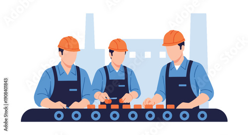 Modern flat vector illustration of factory workers managing production line together, showing manufacturing teamwork and quality control