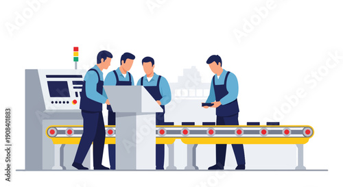 Modern flat vector illustration of factory workers managing production line together, showing manufacturing teamwork and quality control